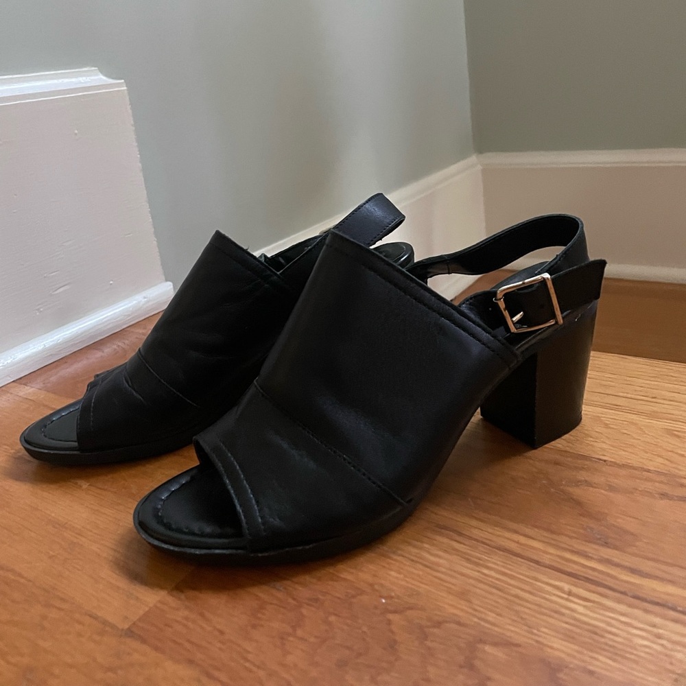 Black leather block wedges with heel strap/buckle